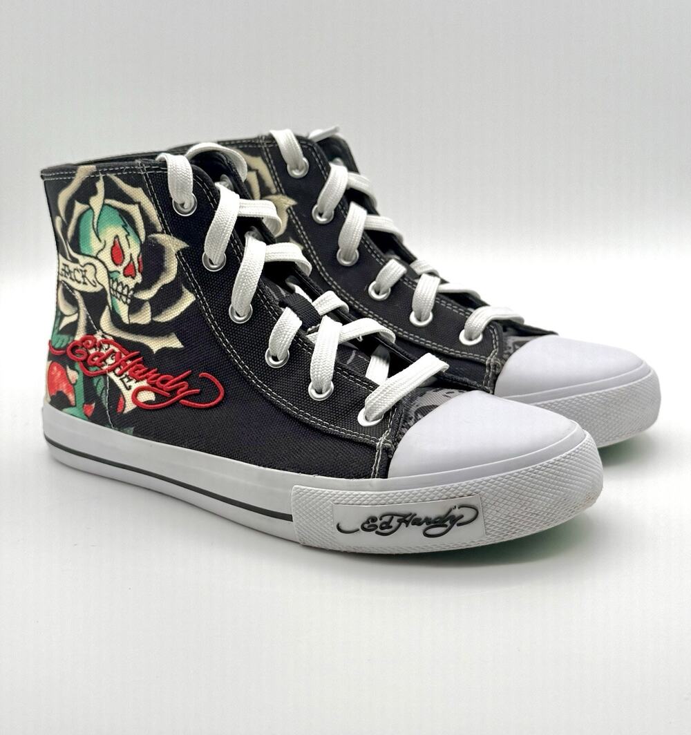 Ed Hardy Black Rose Skull Hi Top Sneakers Embroidered Logo Men's Sz 6 Pre Owned